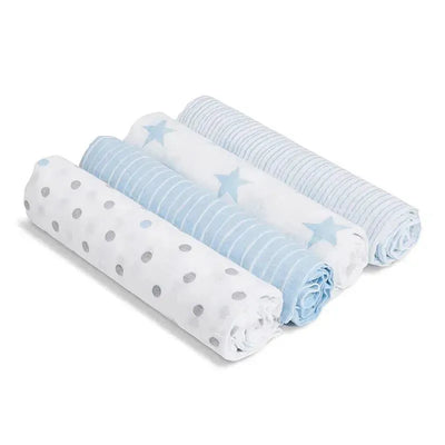 Four rolls of muslin swaddles in various patterns, including polka dots and stars, in light blue and white colors.