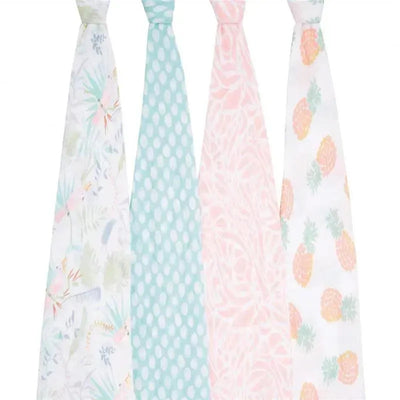 Four muslin swaddles from Aden + Anais with tropical-themed patterns, including flowers, polka dots, and pineapples.