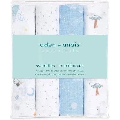 Four Aden + Anais muslin swaddles featuring space-themed designs; includes stars, moons, and UFOs, all in soft cotton.