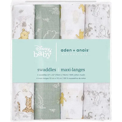 Four-pack of Aden+Anais swaddles featuring Winnie the Pooh and friends, made from 100% cotton muslin.