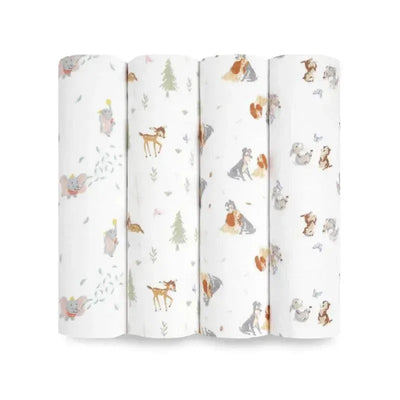 Four swaddle blankets featuring various Disney and friends designs with animals and nature motifs.