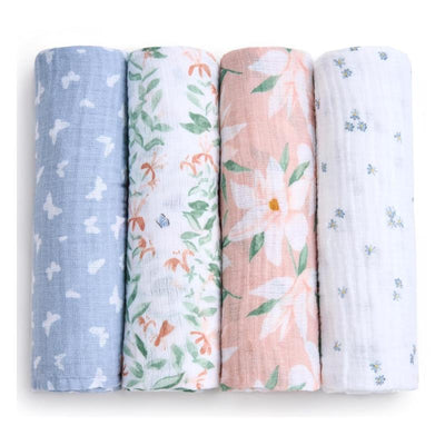 Four cotton muslin swaddles in butterfly, floral, and dotted patterns, showcasing soft pastel colors and lightweight fabric.