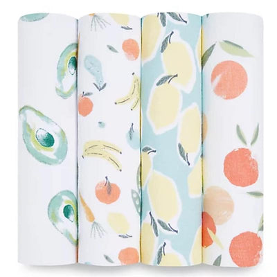 Four muslin swaddle blankets from Aden + Anais, featuring colorful fruit and avocado patterns, in a grid layout.