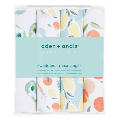 Aden + Anais Essentials 4Pk Muslin Swaddle Blankets featuring vibrant fruit and vegetable patterns in a clear packaging.