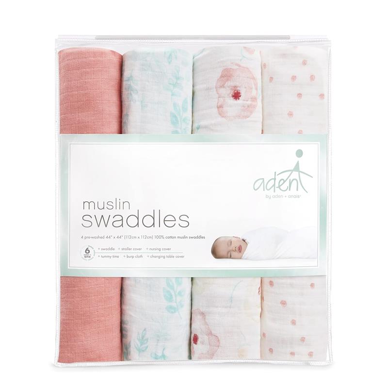 Aden + Anais 4Pk Essentials Muslin Swaddle Blankets in Full Bloom, featuring various floral designs and colors.