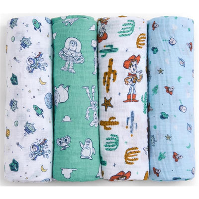 Four muslin swaddle blankets featuring Toy Story themes: characters like Buzz Lightyear and Woody with colorful space and star patterns.