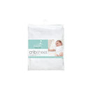 Aden + Anais white crib sheet packaging, featuring a sleeping baby and product details on the label.