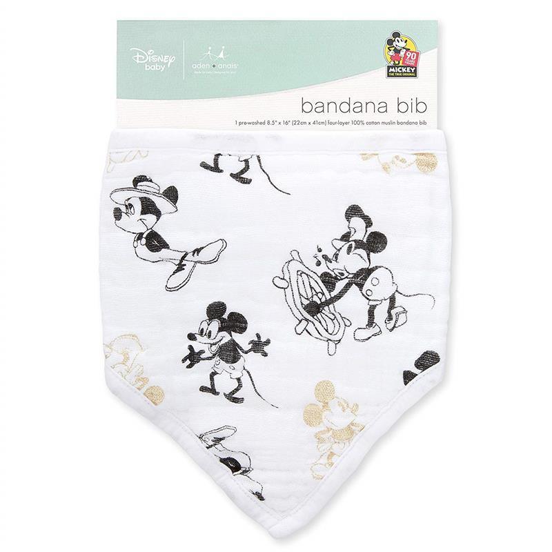 Aden + Anais Disney Mickey's 90th Muslin Bandanna Bib, White, Black And Gold.