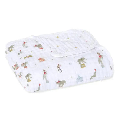 Aden + Anais Essential Elephant Circus Baby Blanket, featuring playful circus animals on a white background.