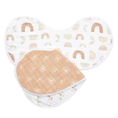 Burpy bibs from Aden + Anais featuring a rainbow pattern and soft quilted texture, designed for easy feeding and burping.