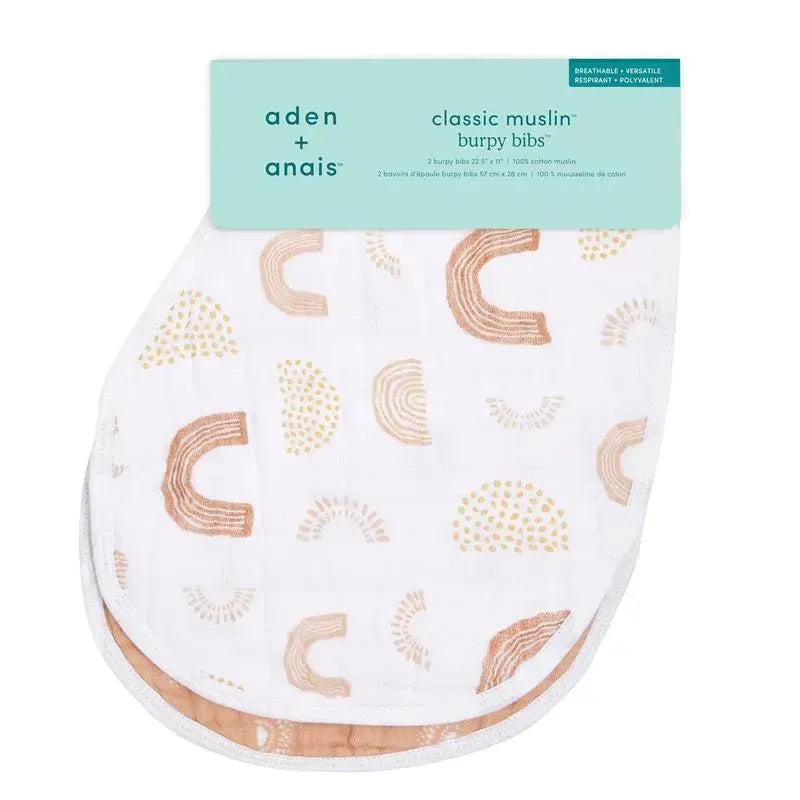 Aden + Anais classic muslin burpy bibs featuring patterns of arches and dots, made from 100% cotton, packaged in a light teal label.