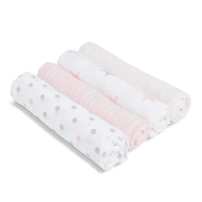 Aden + Anais Muslin Swaddle Doll, 4-Pack featuring rolled muslin swaddles in various pink and gray patterns.