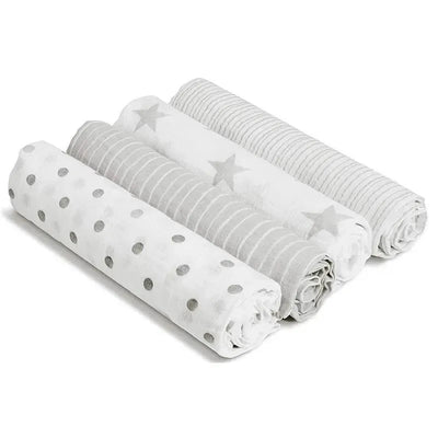 Muslin swaddles in a dusty color scheme, featuring polka dots, stripes, and stars, packaged as a 4-pack.