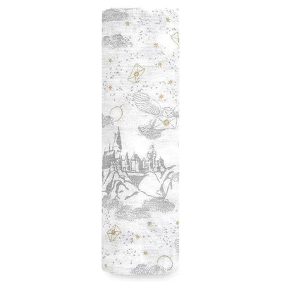 Aden + Anais Harry Potter-themed single swaddle featuring owls, stars, and iconic castle imagery in grey and white.