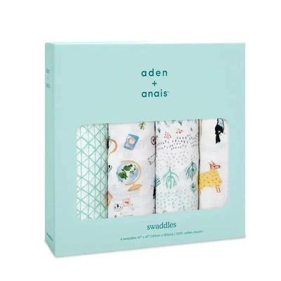 Aden + Anais Swaddles Around The World 4-Pack featuring four 100% cotton muslin swaddles with various playful designs.