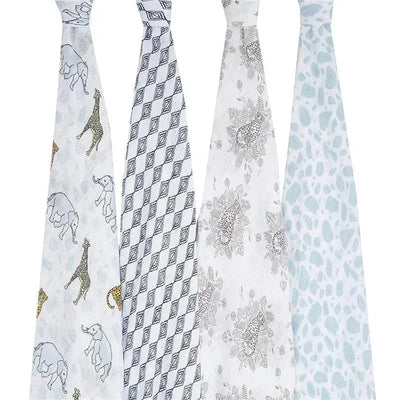 Aden + Anais Jungle Swaddles 4 Pack featuring four patterned swaddles with animals and nature motifs in soft colors.