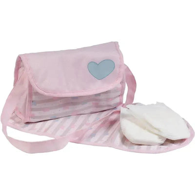 Classic pastel pink baby doll diaper bag with a heart design, includes a changing mat and two doll diapers.