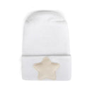 Cream linen hospital hat with a folded cuff and a soft star patch on the front. Ideal for newborns.