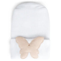 Linen white hospital hat for babies featuring a soft, beige petal butterfly design on the front.