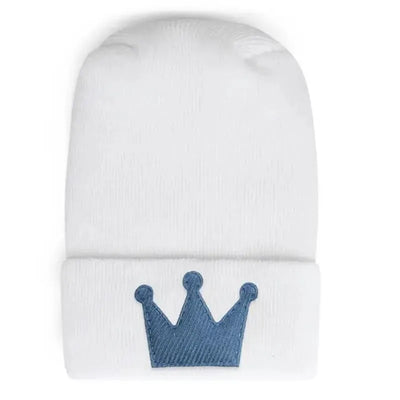 Newborn baby hospital hat in white with a linen denim crown embroidered on the cuff.