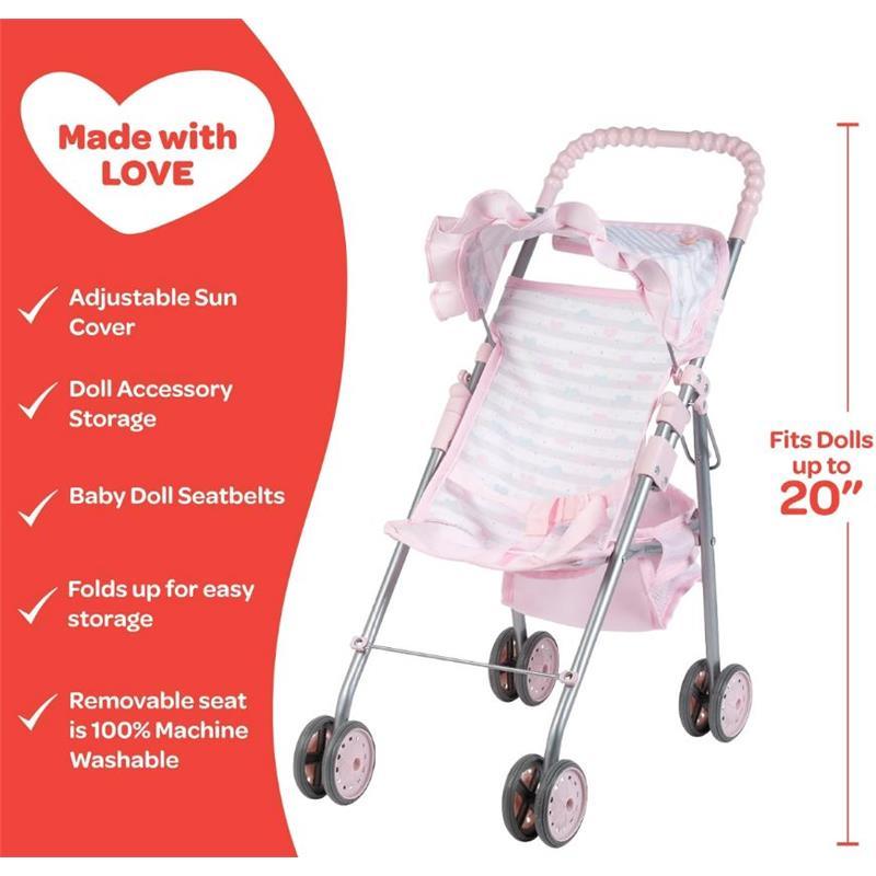 Adora - Pastel Pink Heart Baby Doll Stroller with Umbrella Shade & Ruffle Trim Image 5