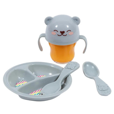 Colorful bear-themed feeding set including a cup with handles, divided plate, and two spoons.