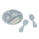 Gray three-section plate with a colorful zigzag design, accompanied by a bear-themed fork and spoon.