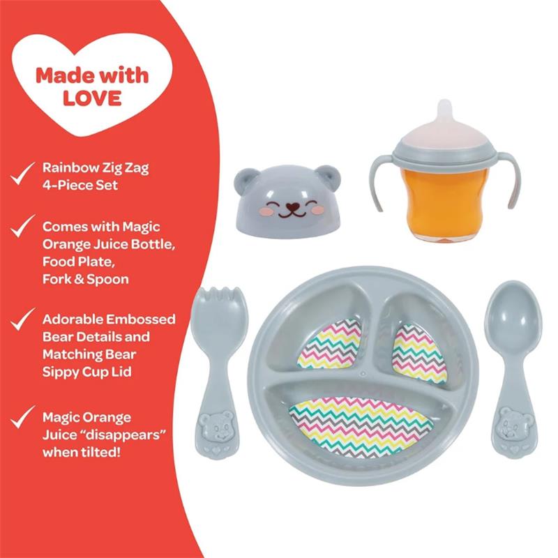 Rainbow Zig Zag Doll Accessory Set features a food plate, fork, spoon, and a sippy cup with a bear design and disappearing juice.