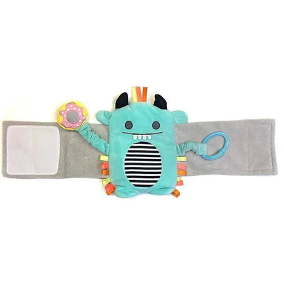 Blue Aggie MD Gripebelt featuring a cute monster design, textured arms, and attached toy for soothing infants.