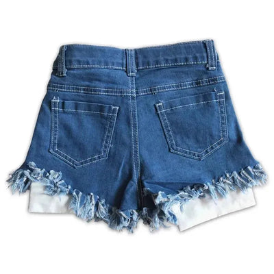 Denim star shorts for baby girls, featuring a frayed hem and two back pockets, ideal for summer wear.