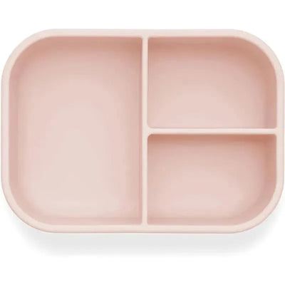 Leakproof silicone bento box in blush color with three compartments for food separation.