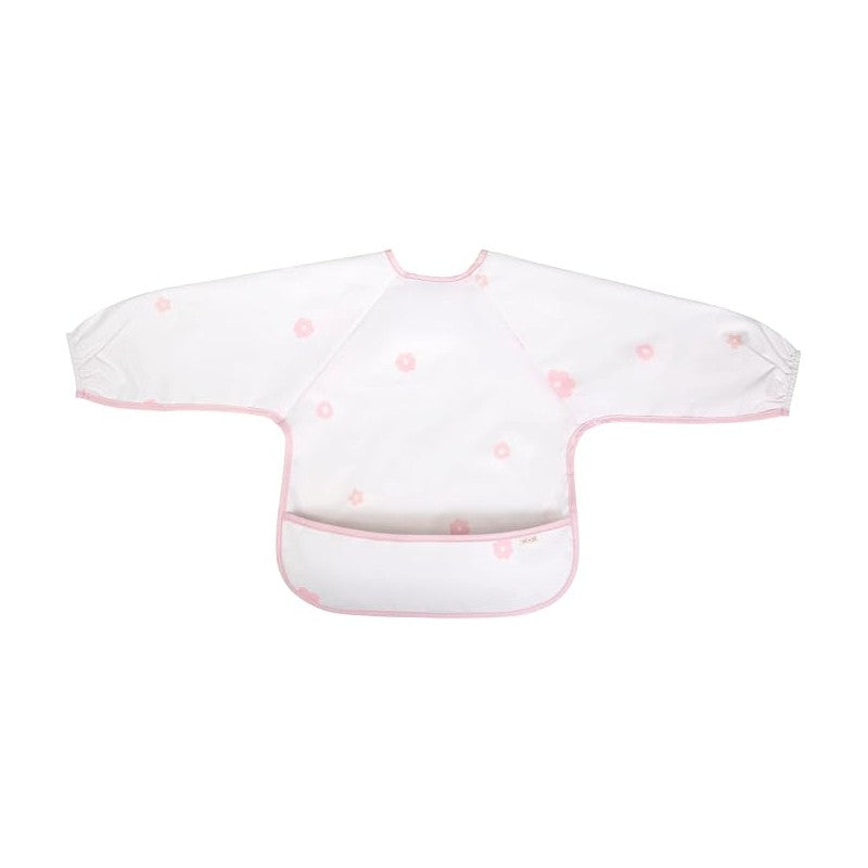 Long sleeve smock bib in white with pink floral patterns and a pocket, designed for children to keep clothing clean during meals.