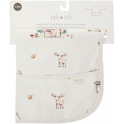 Long sleeve smock bib for babies and toddlers featuring woodland animal prints, made from recycled waterproof polyester.