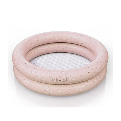 Inflatable pool by Ali + Oli, with two rings, 35 inches in diameter, in a peony color with floral patterns.