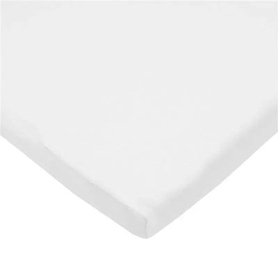 White cotton bassinet sheet with a jersey knit texture and fitted edges designed for infants.
