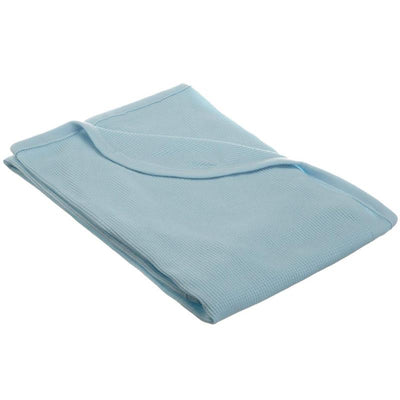 100% cotton thermal waffle swaddle blanket in blue, folded neatly, showcasing its soft texture and breathable design.