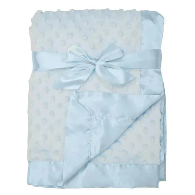 Soft blue chenille minky dot receiving blanket with a satin ribbon bow, perfect for babies.