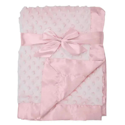 Heavenly Soft Chenille Minky Dot Receiving Blanket in pink, featuring a satin border and a bow, folded neatly.