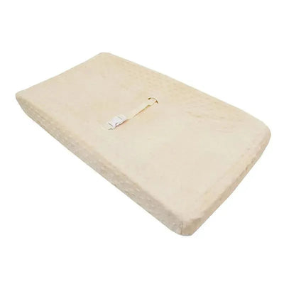 Heavenly Soft Minky Dot Fitted Contoured Changing Pad Cover in ecru with a textured surface and safety strap.