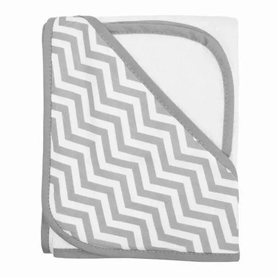 Hooded towel set in grey featuring a chevron pattern, soft fabric suitable for wrapping babies after baths.