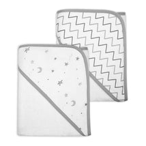 American Baby - TL Care Terry 2 Pack Hooded Towels, Organic Cotton, Grey Stars/Grey Zigzag Image 1