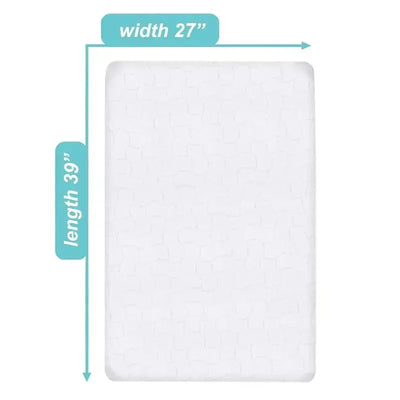 Waterproof Pack N Play mattress protector in white, measuring 27 x 39 inches, with subtle textured design.