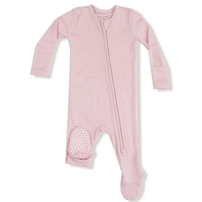 Light pink baby footie with long sleeves, a two-way zipper, and polka dot details on the foot.