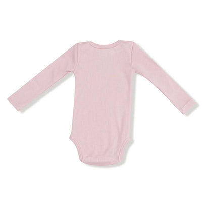 Long-sleeve baby bodysuit in soft ribbed pink fabric with a lap shoulder design.
