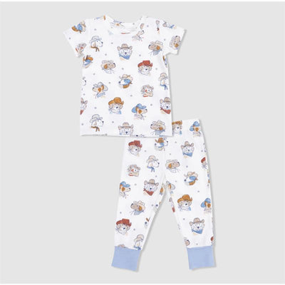 Short sleeve loungewear set featuring playful cowdog illustrations in soft colors, ideal for baby boys.