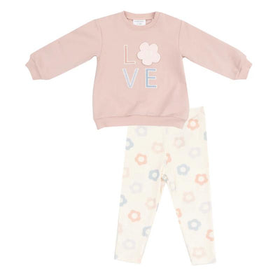 Oversized pink sweatshirt with “LOVE” text and flower applique, paired with cream leggings featuring pastel flower patterns.