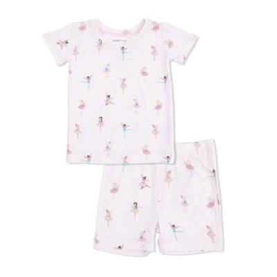 Petite ballet loungewear short set for baby girls, featuring a pink top and shorts with diverse ballet dancer prints.