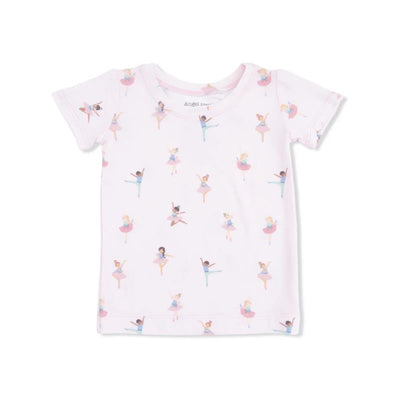 Ballet-patterned short-sleeve top from Angel Dear, featuring diverse ballerina illustrations on a soft pink background.