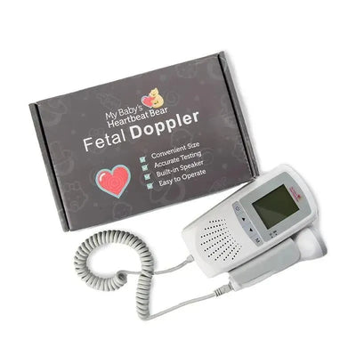 Fetal Monitor Doppler with flexible cord, display screen, and packaging highlighting features like accurate testing and ease of use.