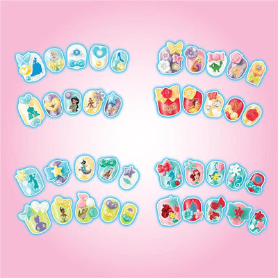 Colorful nail art designs featuring Disney Princess themes, including bows, flowers, and character illustrations.